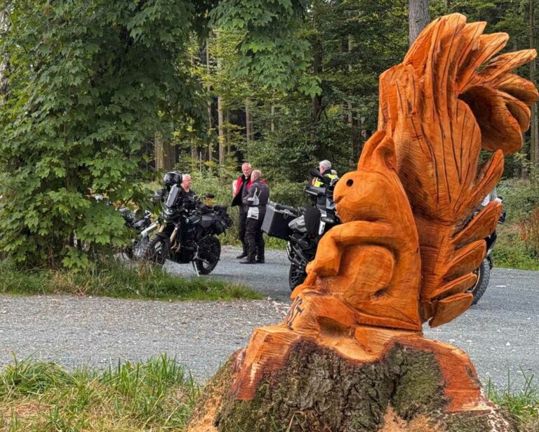 Odenwald Tour Paderborn im Wald vor Eichhörnchen-Skulptur